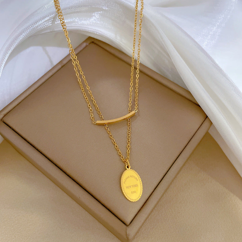 Collar con colgante redondo de doble capa, geométrico y minimalista para mujer, de acero de titanio con chapado en oro, cadena de medallón, accesorio de moda