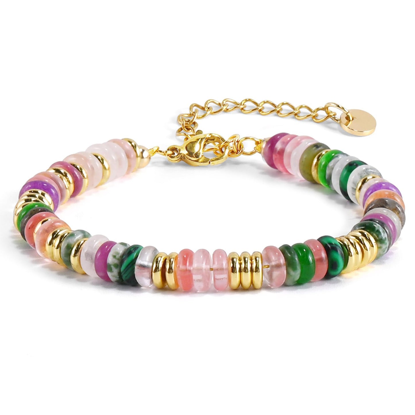 Fashion Geometric Round Natural Gemstone Beaded Bracelet with Gold Spacers and Lobster Clasp Adjustable Unisex Jewelry