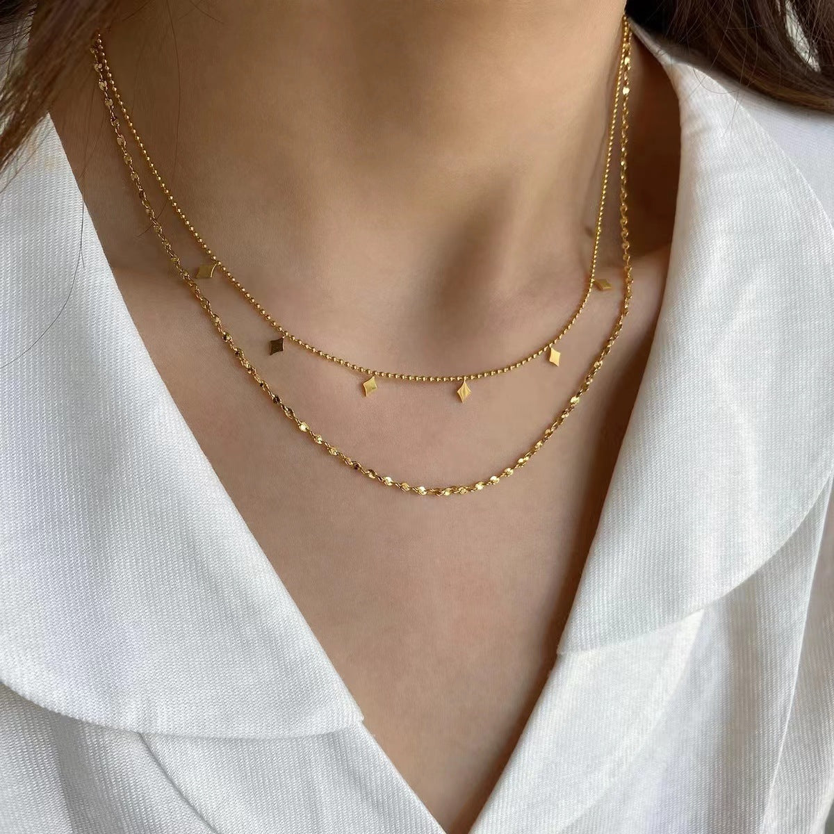 Minimalist INS Style Geometric Pendant Necklace with 18K Gold Plated Stainless Steel Double Layer Tassel Chain for Women