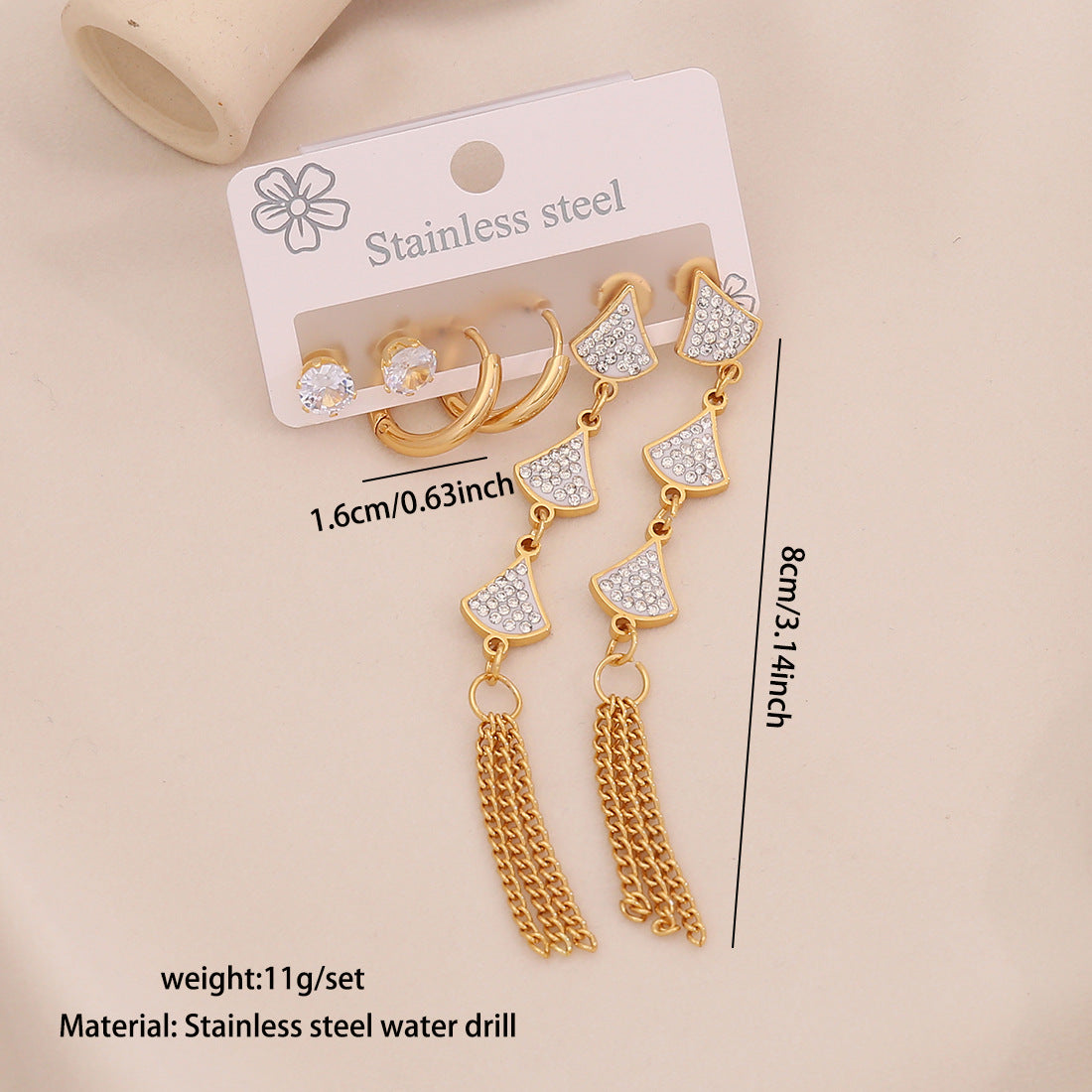 Fashionable Floral and Teardrop-Shaped Stainless Steel Stud Earrings with Dangle Fringe for Women