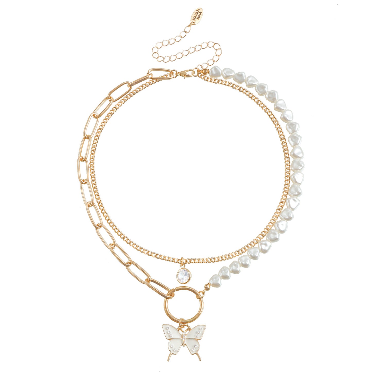 Enamel Butterfly Pendant Necklace with Flat Heart and Pearl Accents on Clavicle Chain for Women
