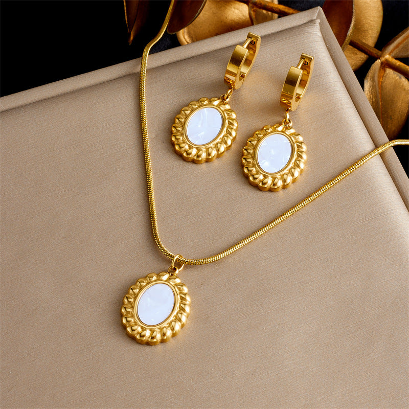 Vintage Office Chic Plated Stainless Steel Oval Geometric Necklace and Earrings Set