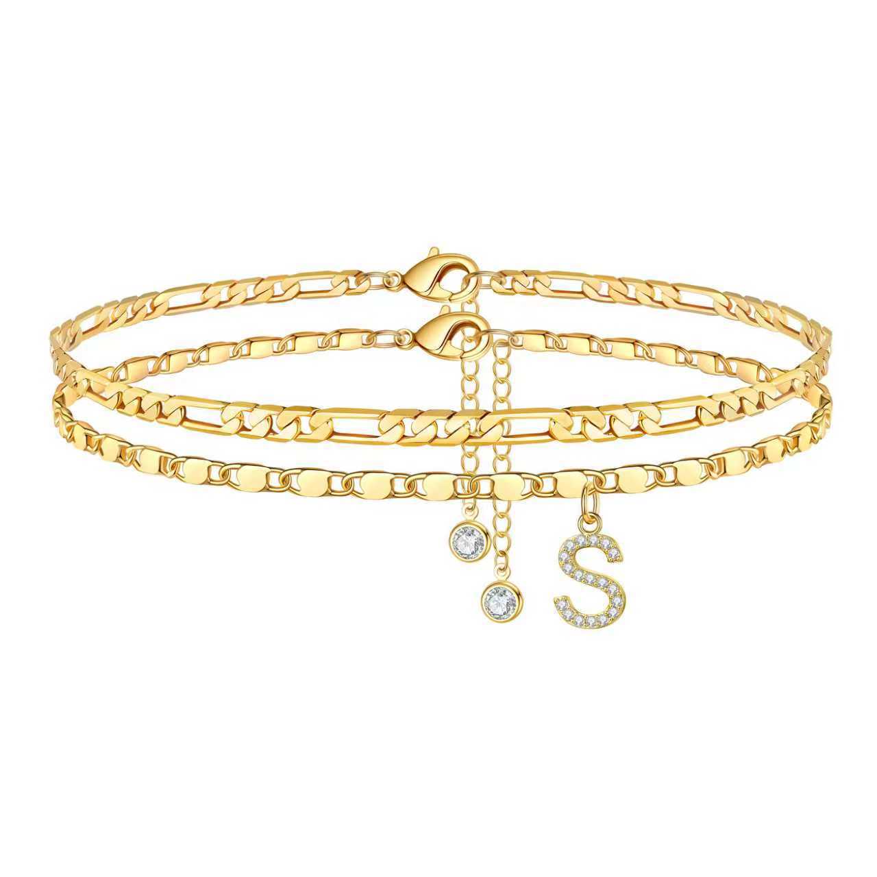 Bohemian Gold Plated Alloy Letter Cubic Zirconia Figaro Chain Anklet for Women