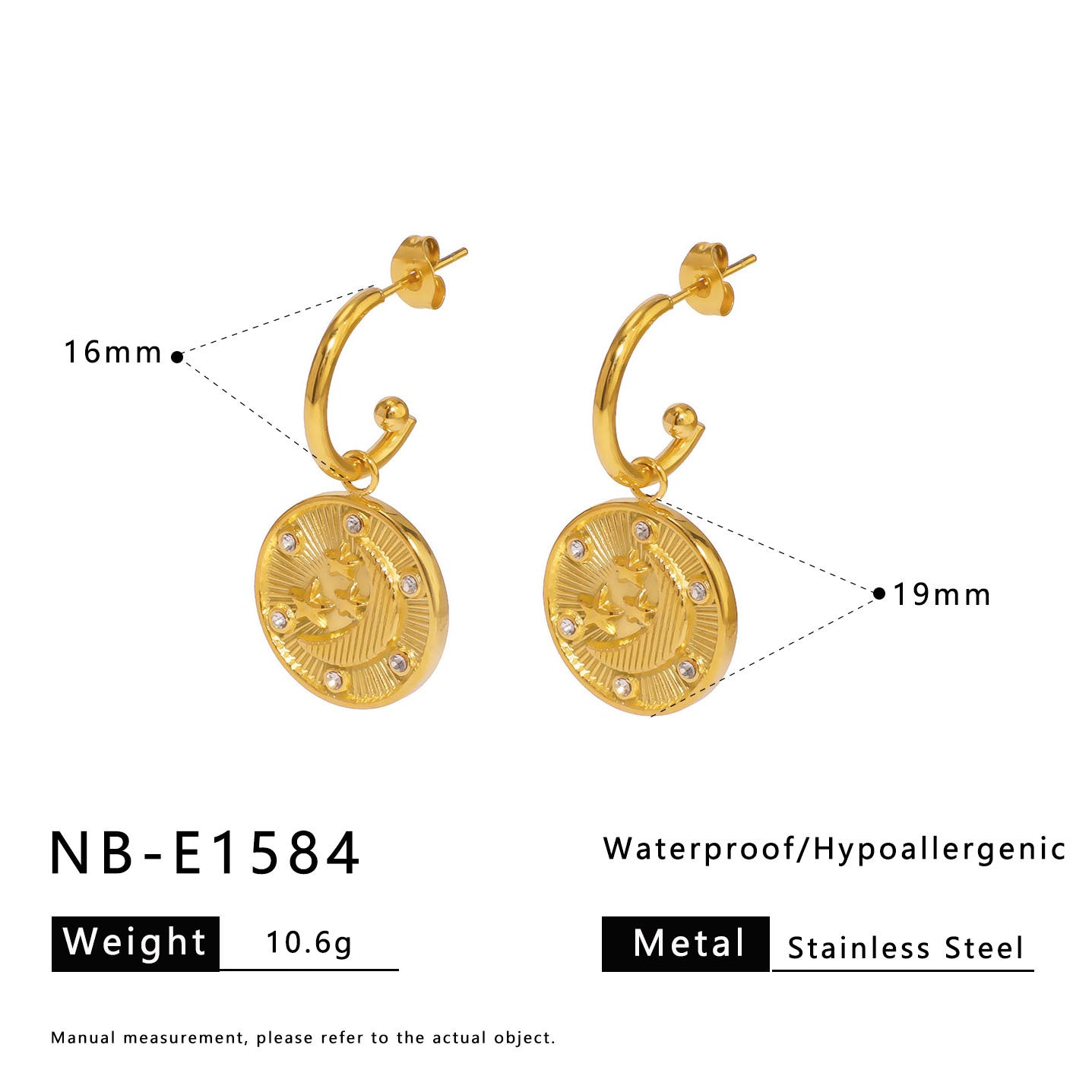 Minimalist Geometric Moon and Star Pendant Set in Stainless Steel with 18K Vacuum Plated Gold Finish for Women