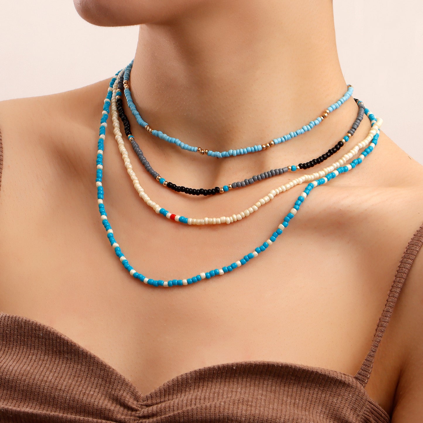 Minimalist French-Style Beaded Choker Necklace for Women with Geometric Shape Alloy Chain and Electroplated Finish