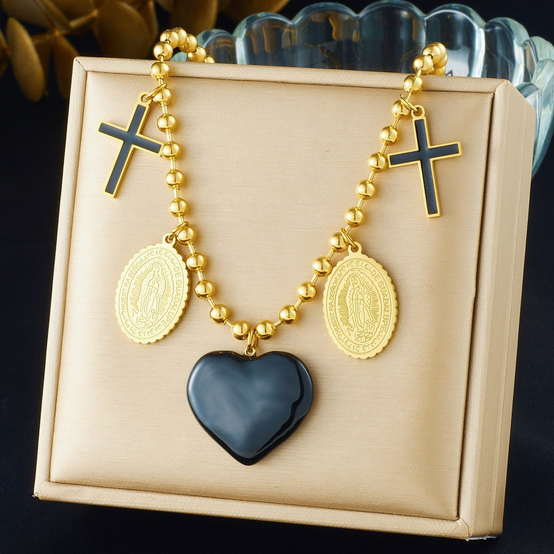 Chic Gold Plated Drip Oil Heart Floral Star Round Stainless Steel Pendant Necklace for Women
