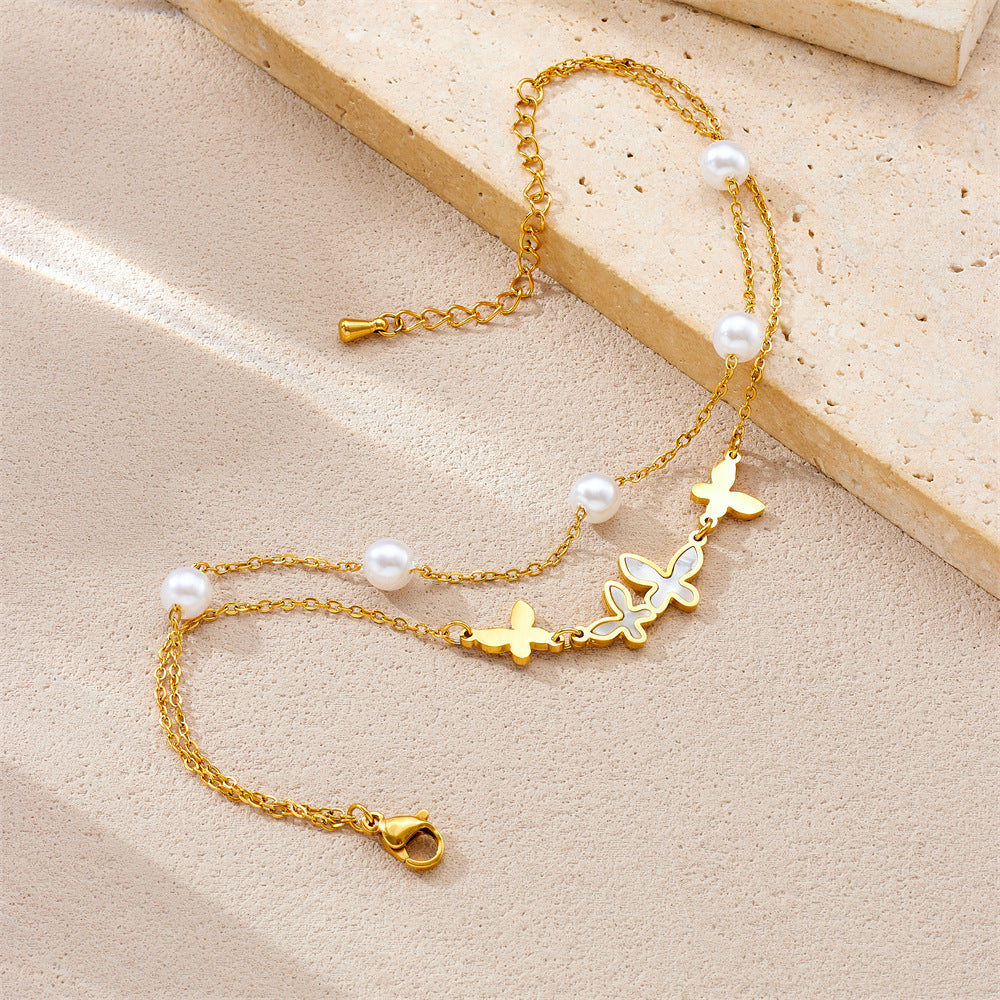 Minimalist Vintage Double-Layer Pearl Butterfly Anklet for Women in Stainless Steel with Gold Plating