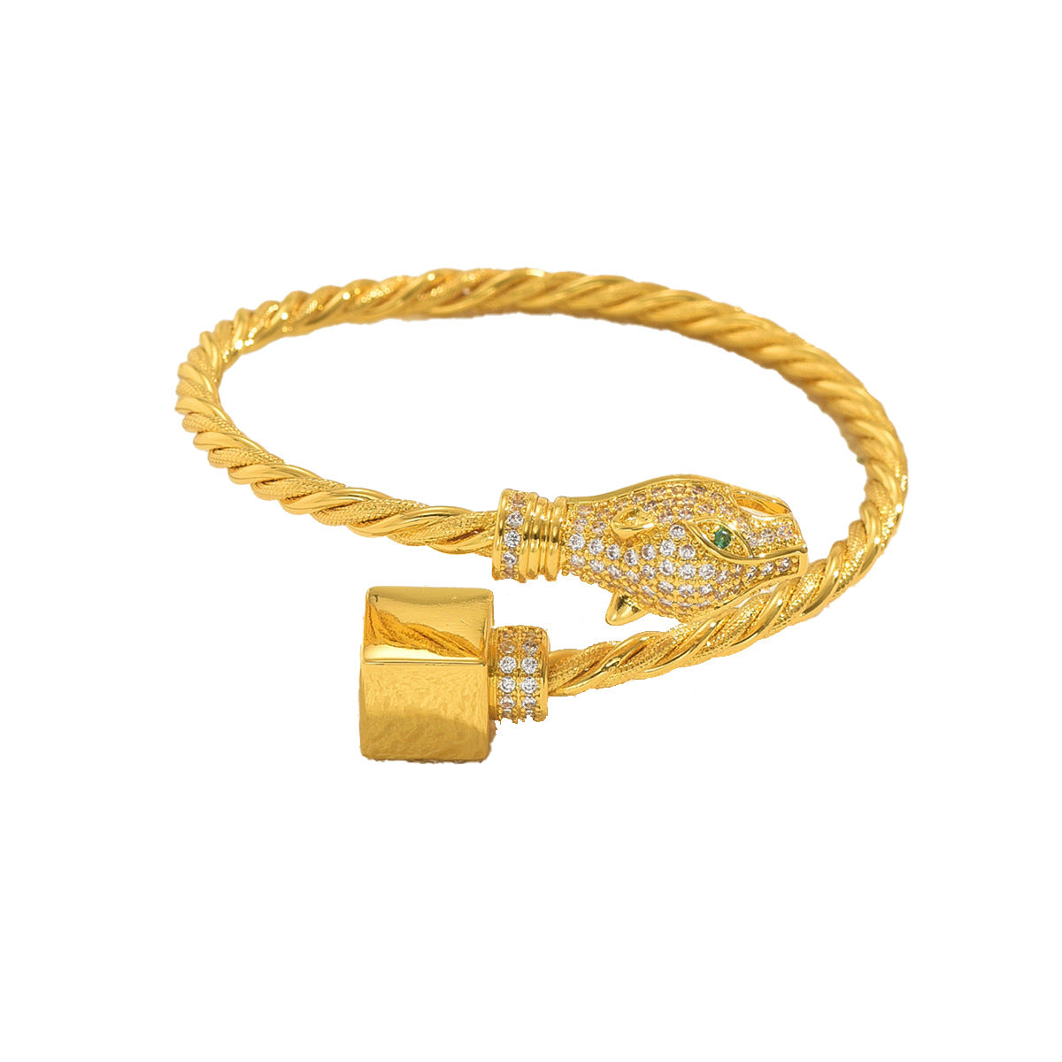Pulsera de estilo lujoso con diseño cuadrado en forma de serpiente con incrustaciones de pedrería para mujer, brazalete ajustable en aleación de latón