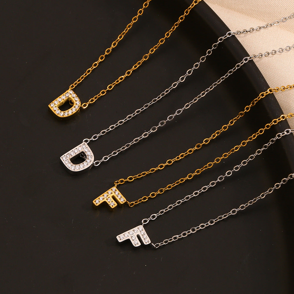 Minimalist Fashion Letter Pendant Necklace for Women Stainless Steel with 18K Gold Plating and Rhinestone Inlay