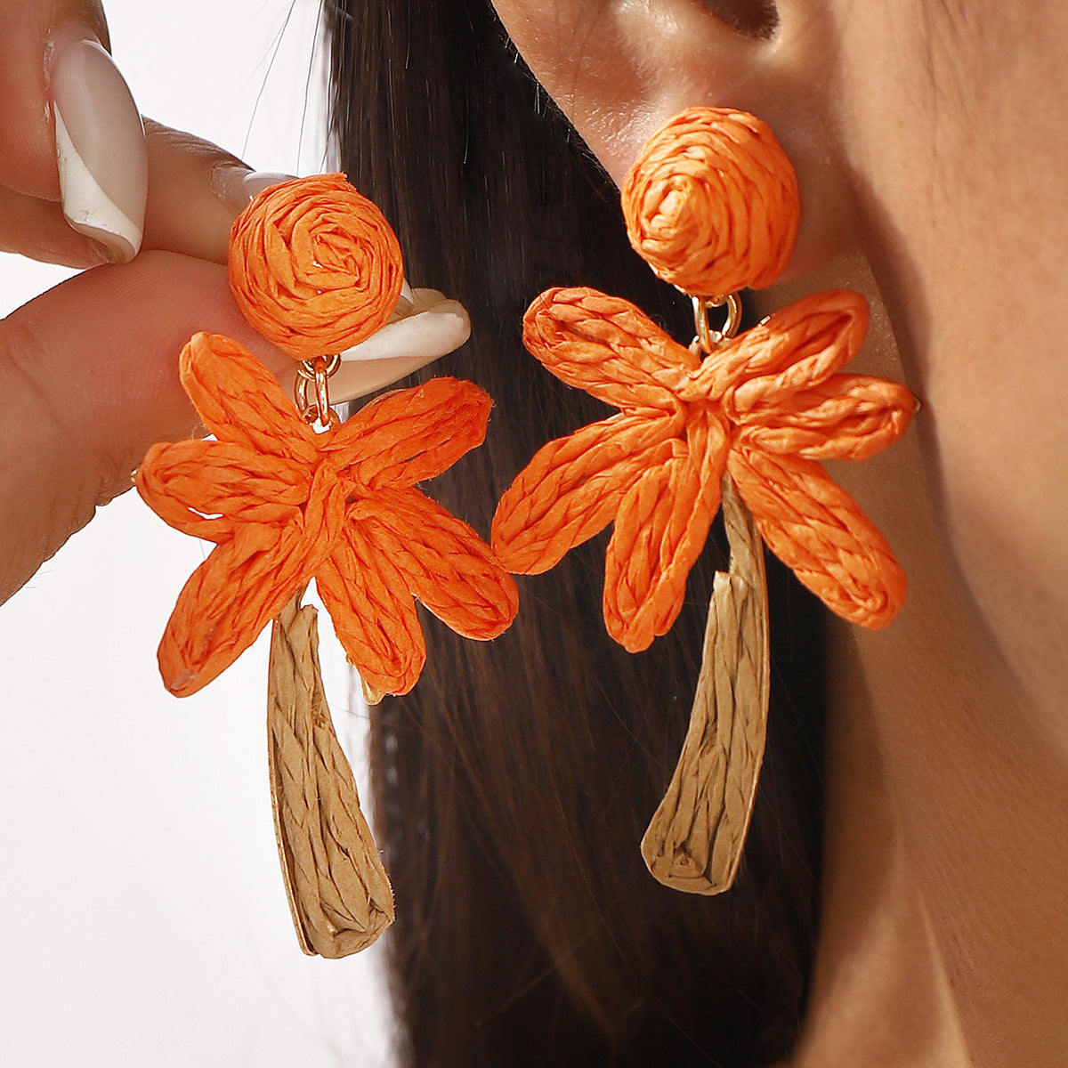 Summer Vacation Style Woven Raffia Coconut Tree Earrings for Women with Alloy Base and Handmade Craftsmanship