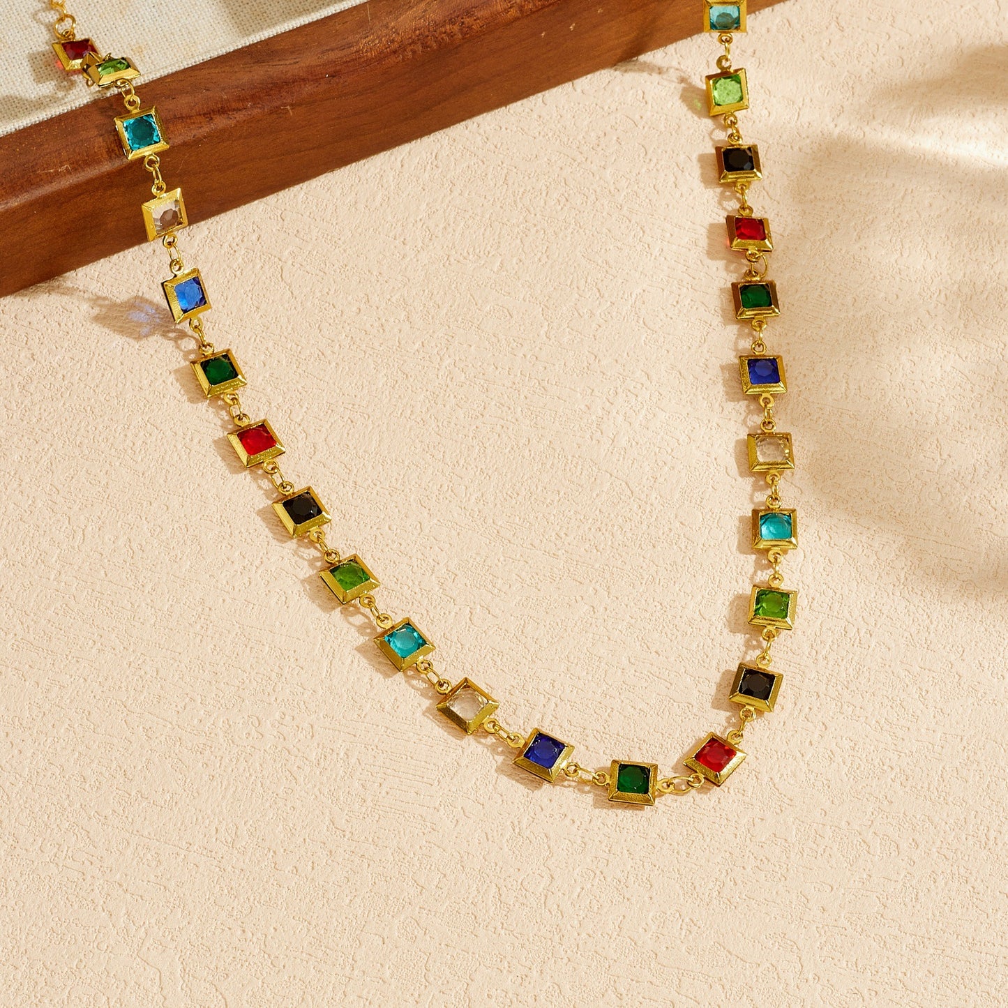 Gold Plated Stainless Steel Square Rhinestone Crystal Necklace Bracelet Set for Women