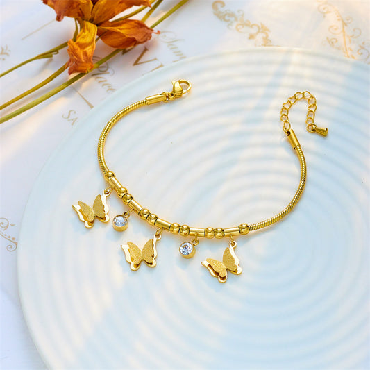 Pulsera Minimalista de Acero Titanio en Forma de Mariposa con Incrustaciones de Pedrería para Mujer