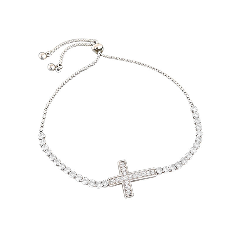 Minimalist Elegant Cross Cubic Zirconia Inlay Brass Bracelet for Women
