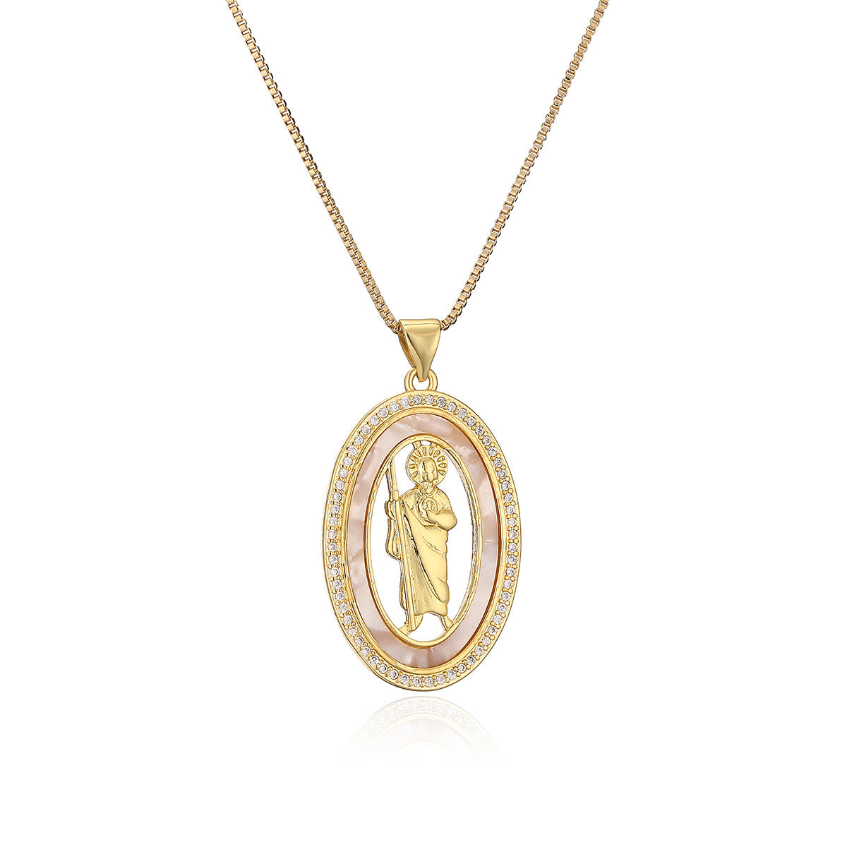 Minimalist Geometric Virgin Mary Pendant Necklace for Women with Copper Base Plated in Real Gold and Micro-Paved Zirconia
