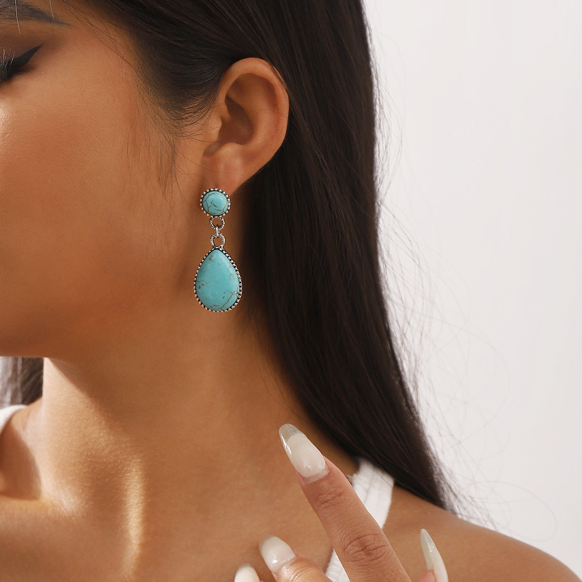 Pendientes étnicos de aleación con forma de estrella geométrica con incrustaciones de turquesa, diseño artístico vintage para mujer