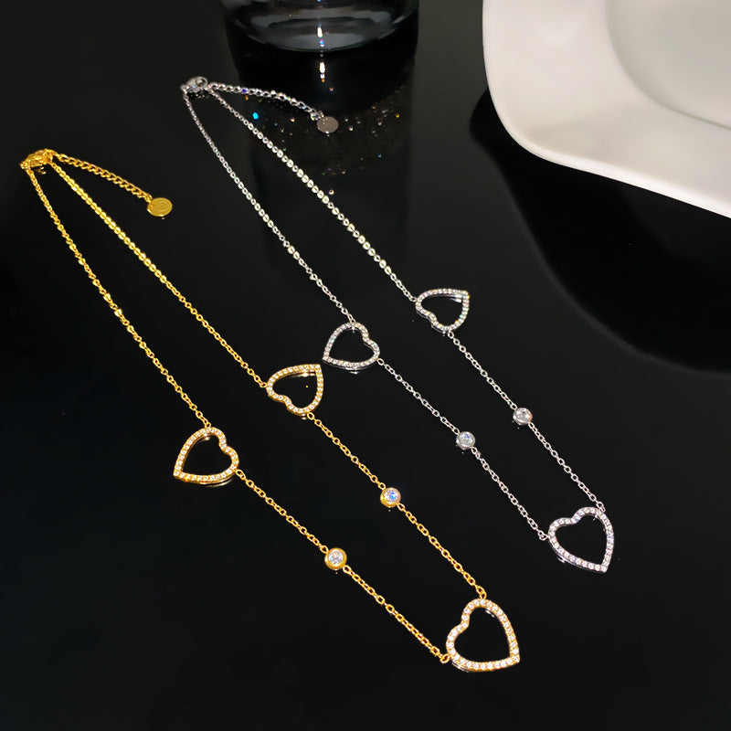 Minimalist Gold Plated Hollow Heart Rhinestone Titanium Steel Necklace for Unisex