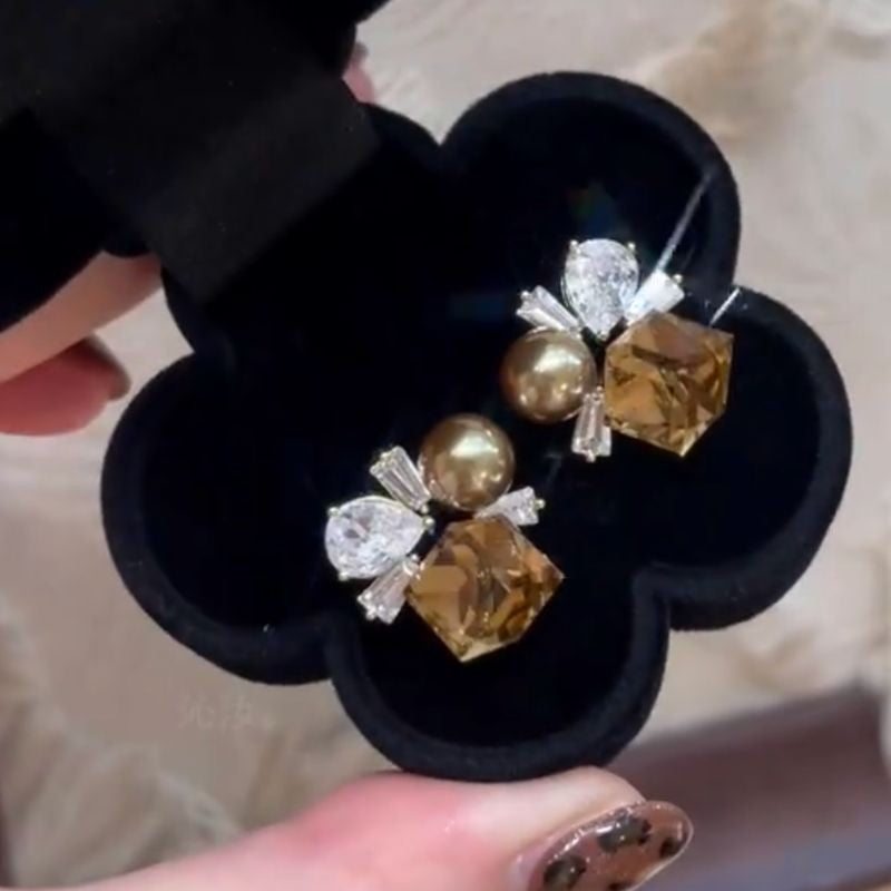 Pendientes de perlas geométricos para mujer con detalles de circonitas, postes de acero galvanizado, estilo retro lujoso y elegante para otoño e invierno