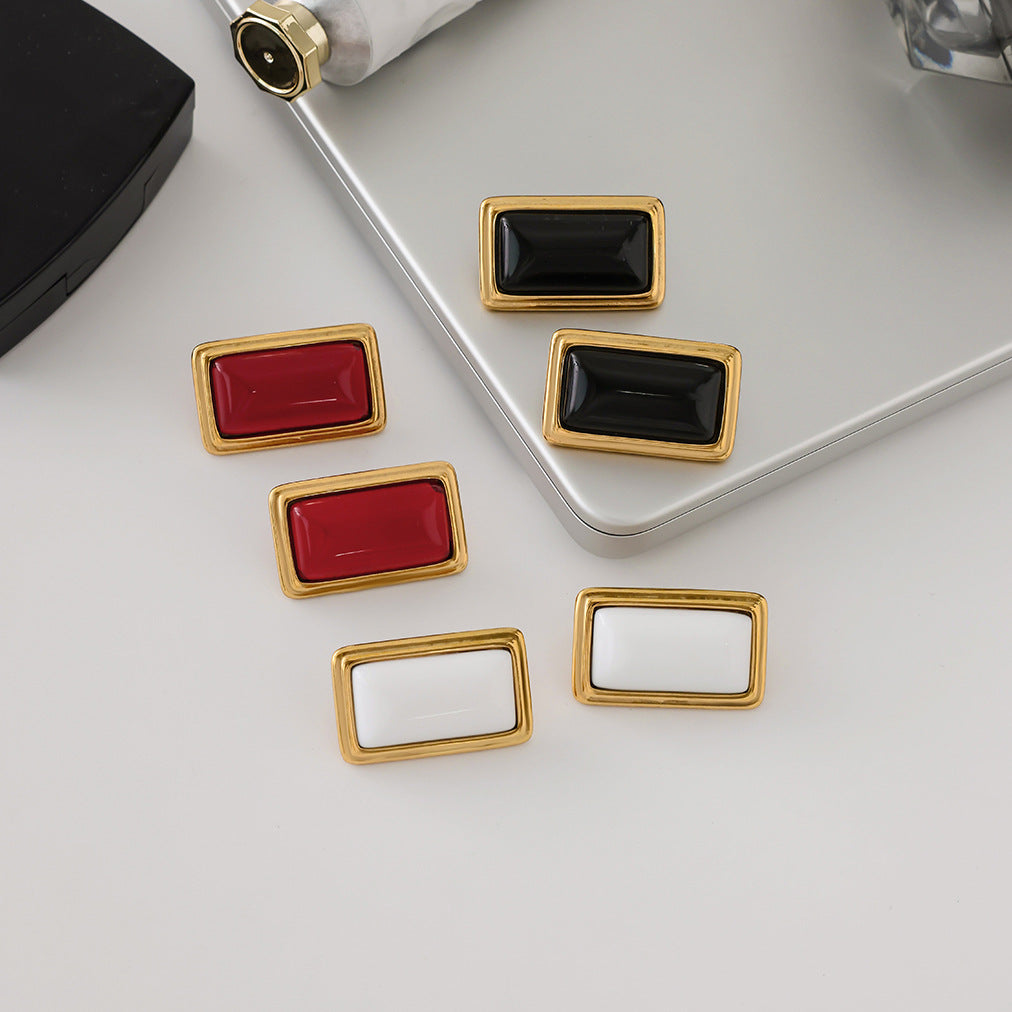 Orecchini geometrici vintage in acciaio inossidabile con intarsio in agata e placcatura in oro 18K da donna