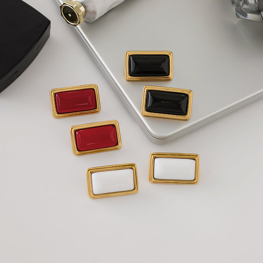 Vintage Geometric Stainless Steel Earrings with Agate Inlay and 18K Gold Plating for Women