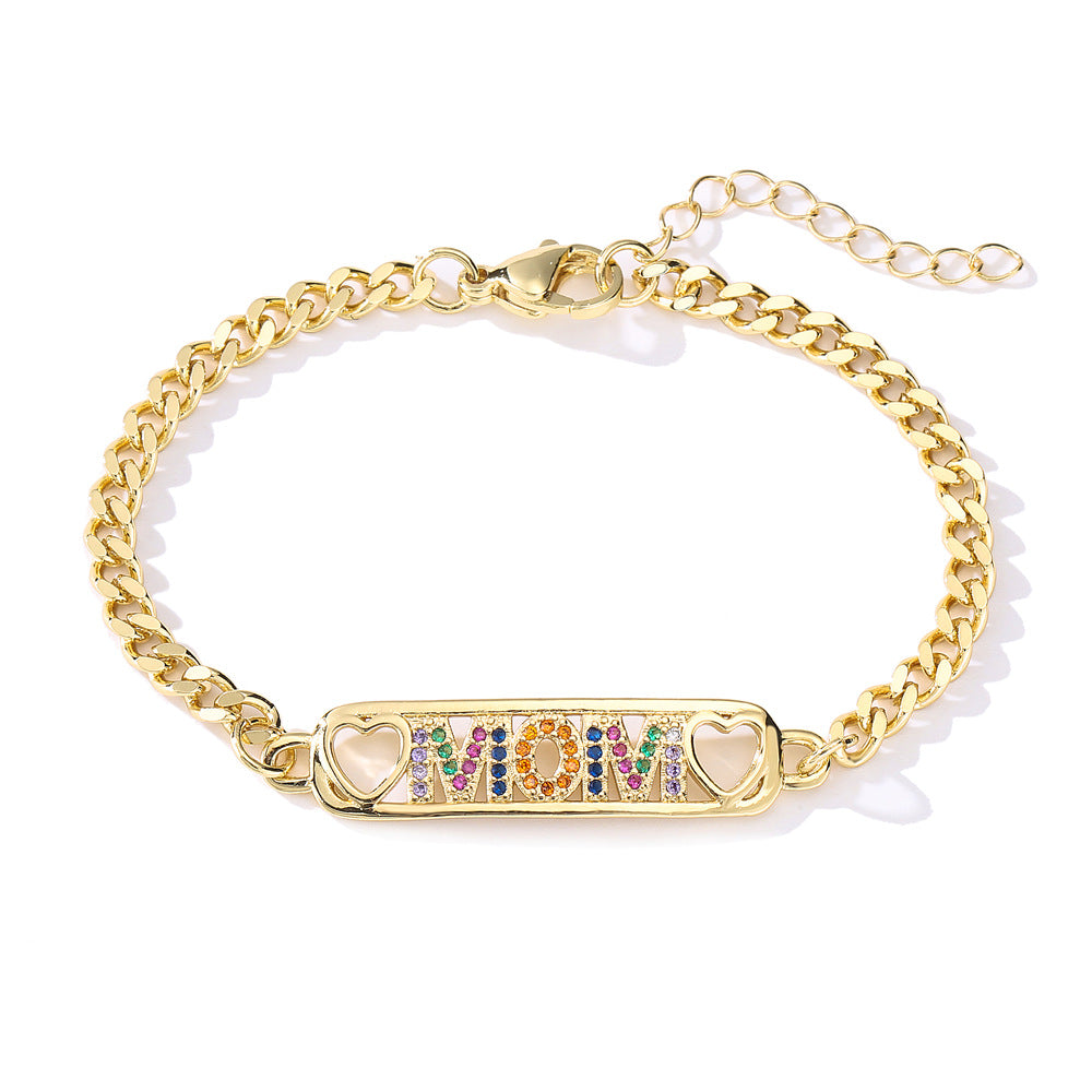 Geometric Brass Gold Plated Cubic Zirconia MOM Bracelet for Women