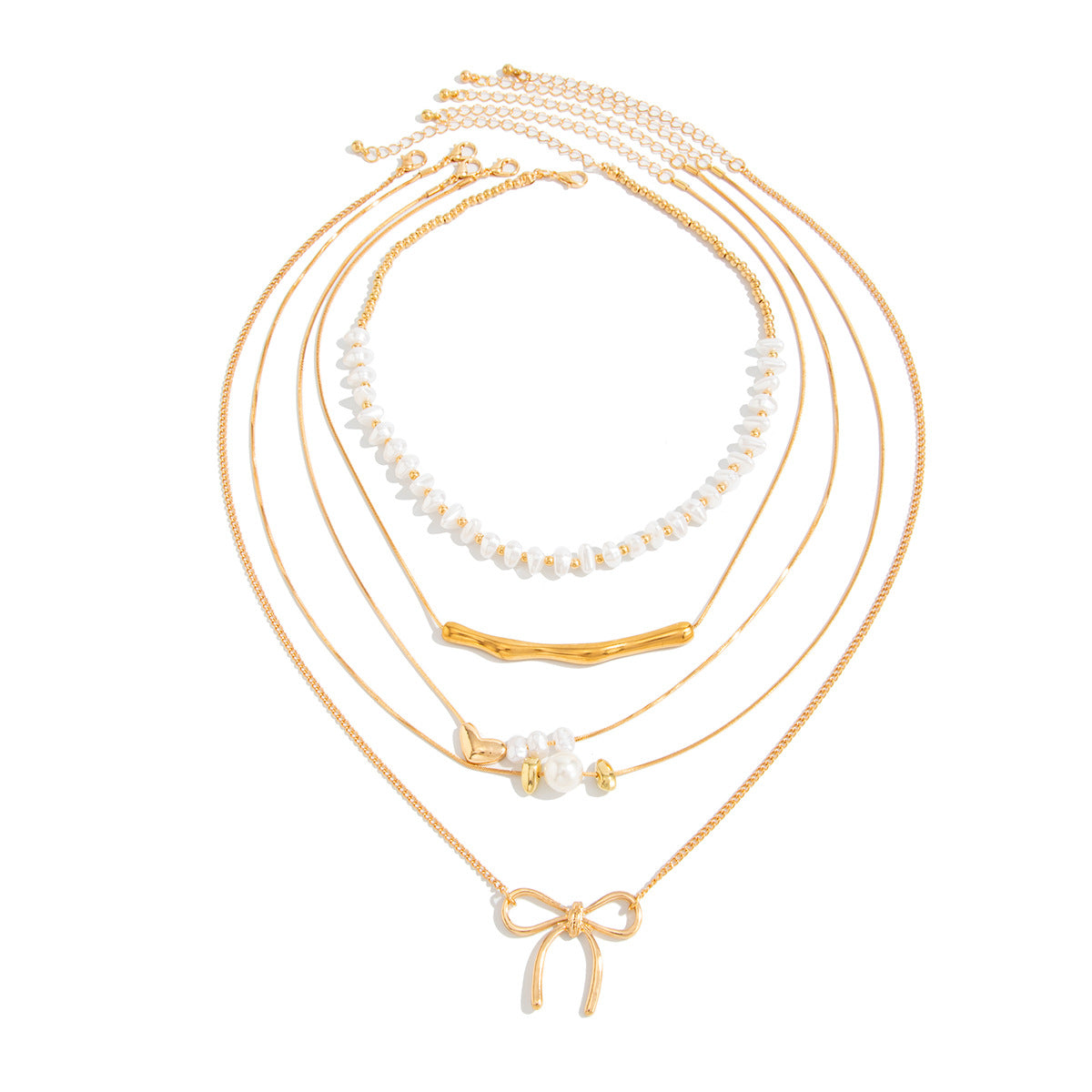 Sweet Baroque Imitation Pearl Bow Pendant Layered Necklace Alloy Plated Choker for Women