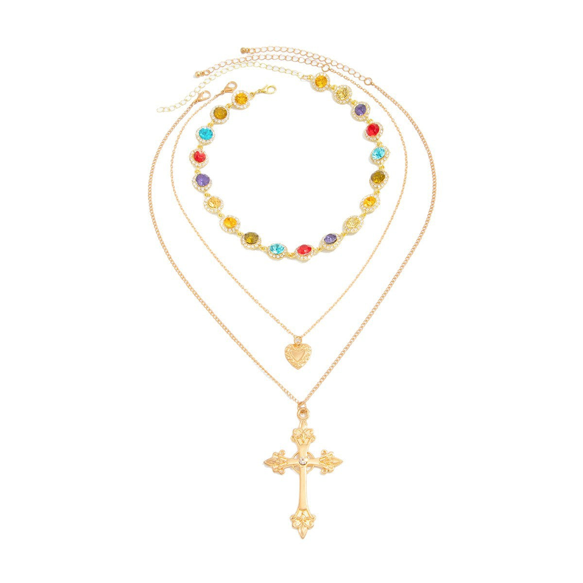Collar casual chapado en aleación con diseño floral geométrico de corazón y cruz, con incrustaciones de cristal y estrás para mujer
