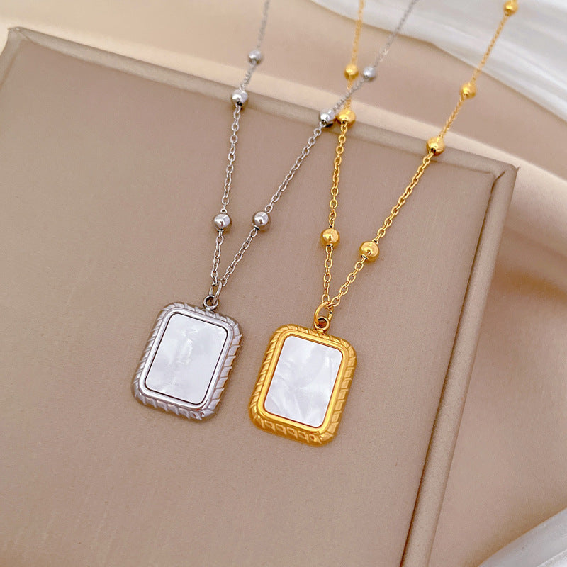 Minimalist Geometric Square Abalone Pendant Necklace for Women in Titanium Steel with Gold Plating