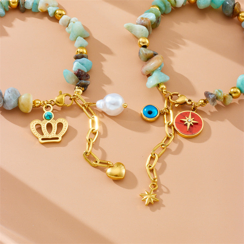Colorful Natural Stone Turquoise Resin Drip Oil Crown Heart Elephant Star Stainless Steel Bracelet for Women