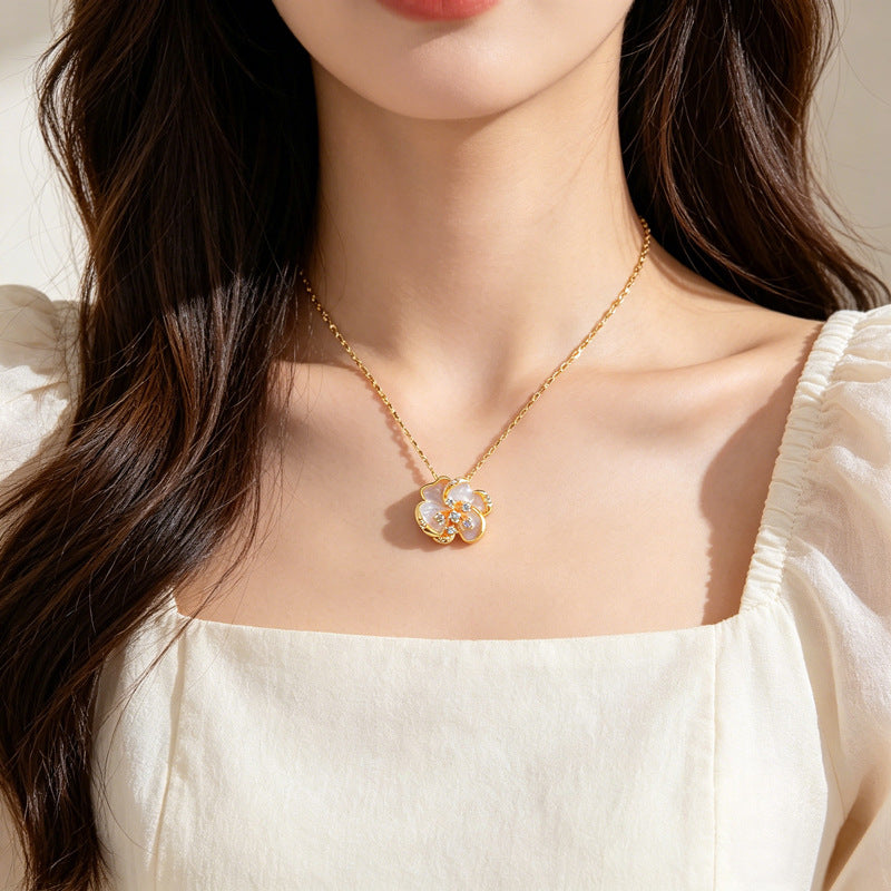 Sweet Elegant Rotating Drip Oil Floral Moon Rhinestone Pendant Titanium Steel Necklace Set for Unisex