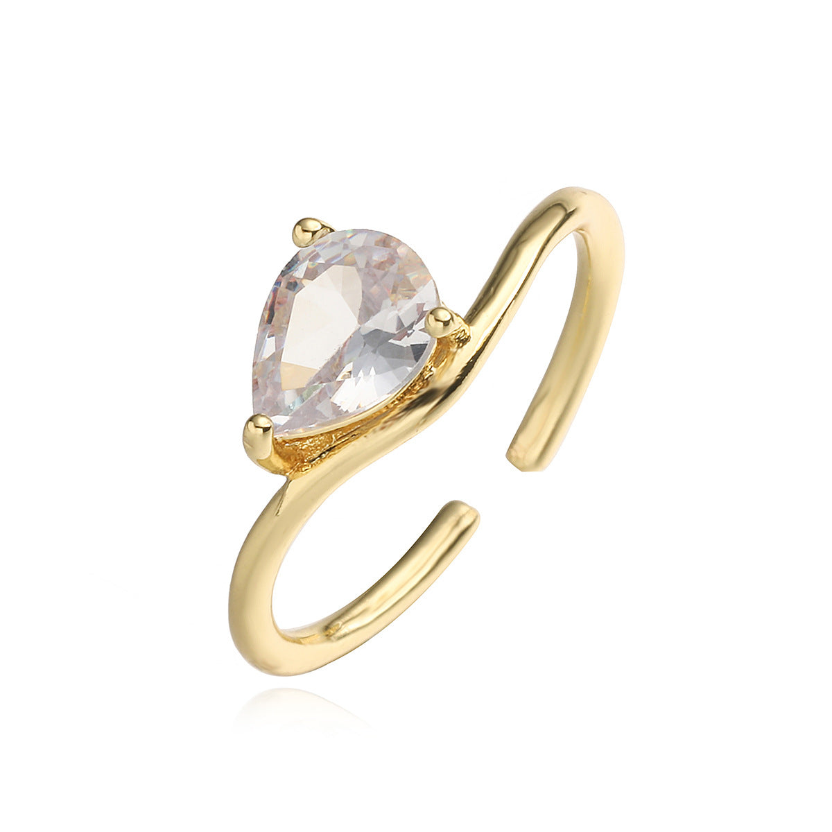 Anillo Minimalista Geométrico Abierto con Forma de Gota para Mujer en Latón con Baño de Oro de 18K y Incrustaciones de Circonita