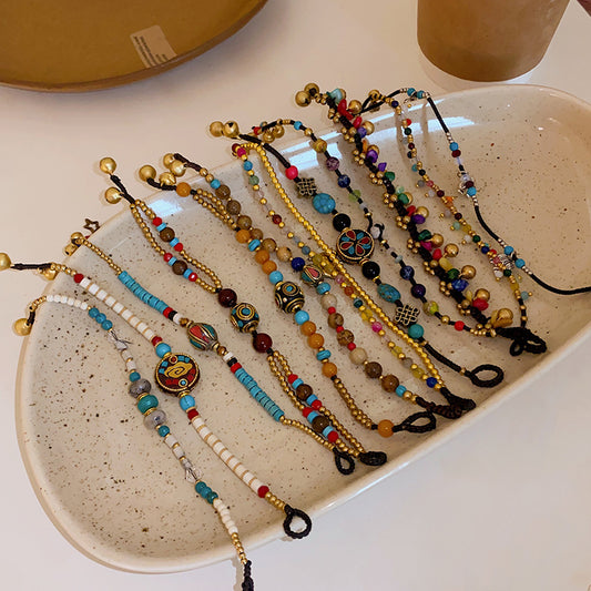 Vintage Ethnic Geometric Round Alloy Beaded Bracelet for Women