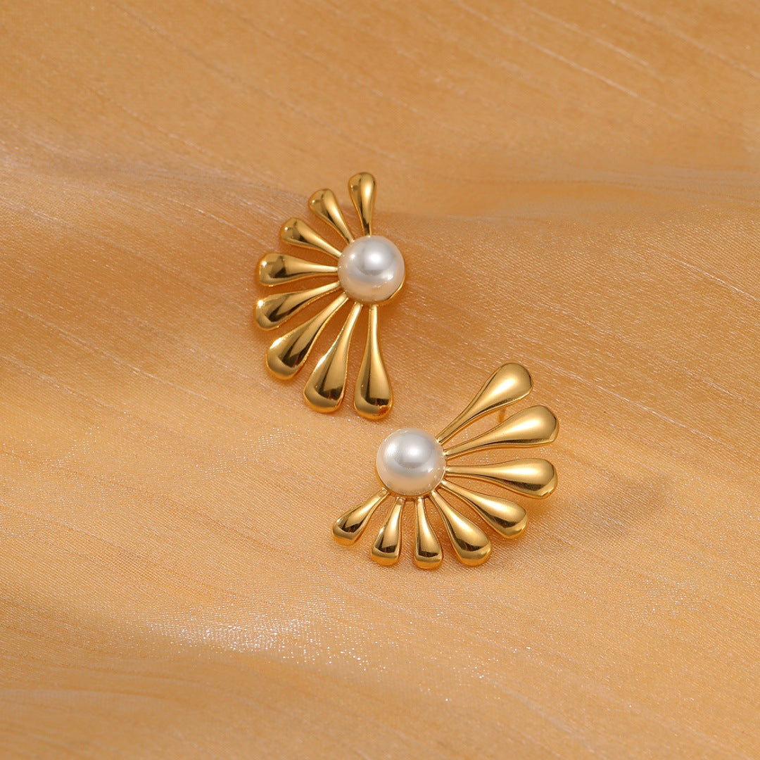 Minimalist Pearl Flower Stainless Steel Earrings with Plated Finish for Women