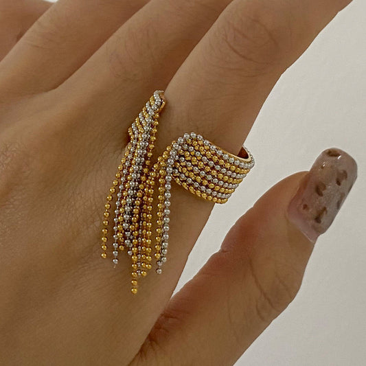 Anillo Abierto de Borla de Acero Inoxidable con Diseño Geométrico Minimalista y Acabado Chapado para Mujer