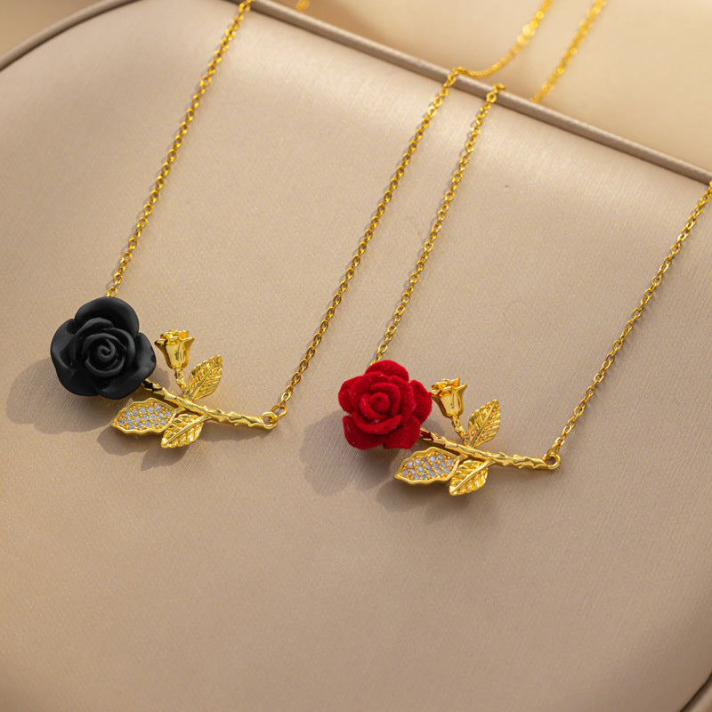 Romantic French-Style Red Rose Flower Pendant Necklace for Women in Titanium Steel with Rhinestone Inlay on O-Chain