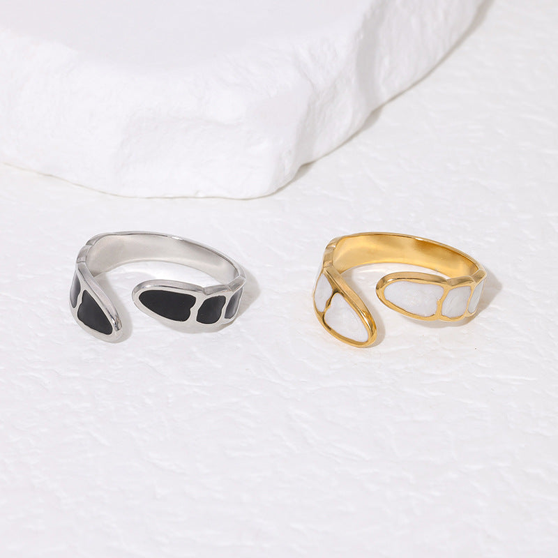 Anillo Abierto Minimalista Geométrico de Acero de Titanio con Acabado de Esmalte para Mujer, Banda de Estilo de Lujo Elegante y Versátil