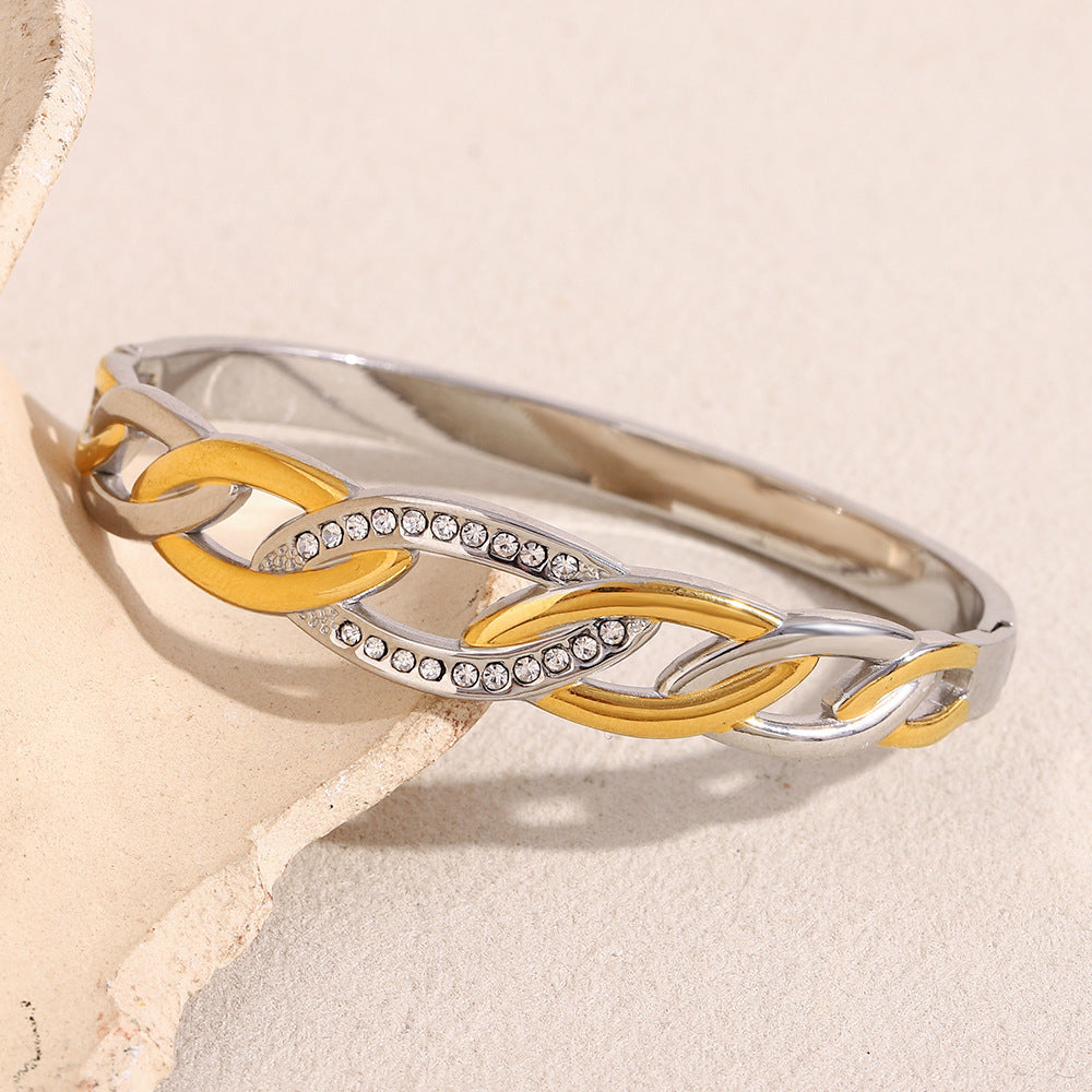 Fashionable Geometric Eye-Shaped Stainless Steel Bracelet with 18K Gold Plating and Zircon Inlay