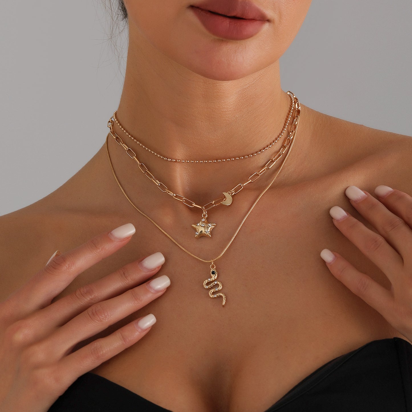 Vintage-Style Star and Moon Pendant Necklace with Rhinestone Inlay in Alloy, Snake Chain Design for Women