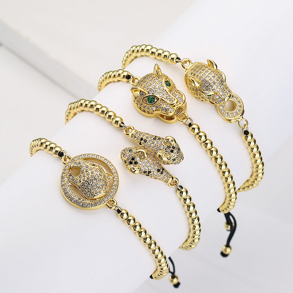 Minimalist Geometric Leopard Charm Adjustable Drawstring Bracelet for Women in Brass with 18K Gold Plating and Zircon