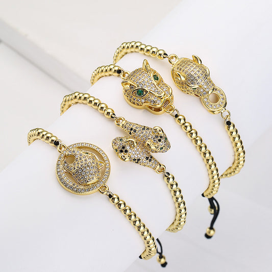 Pulsera ajustable con dije de leopardo geométrico minimalista para mujer en latón con baño de oro de 18 quilates y circonitas