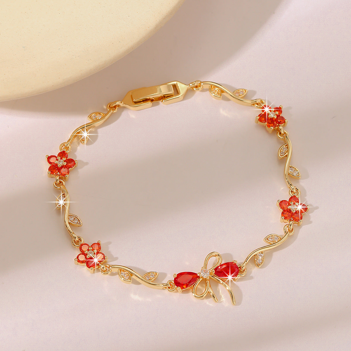 Luxury Gold Plated Brass Leaf Bracelet with Cubic Zirconia Inlay Unisex Floral Design