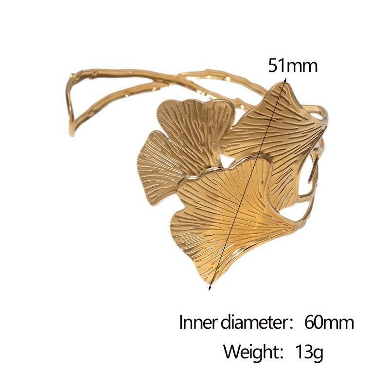 Minimalist Ginkgo Leaf Shaped Stainless Steel Bracelet with 18K Gold Plating for Women