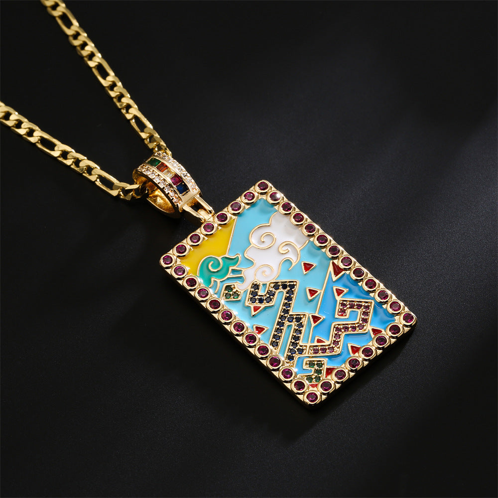 Collana con Ciondolo Vintage Minimalista Geometrico Smaltato Zircone Nuvola Pittura ad Olio Rame Placcato Oro 18K