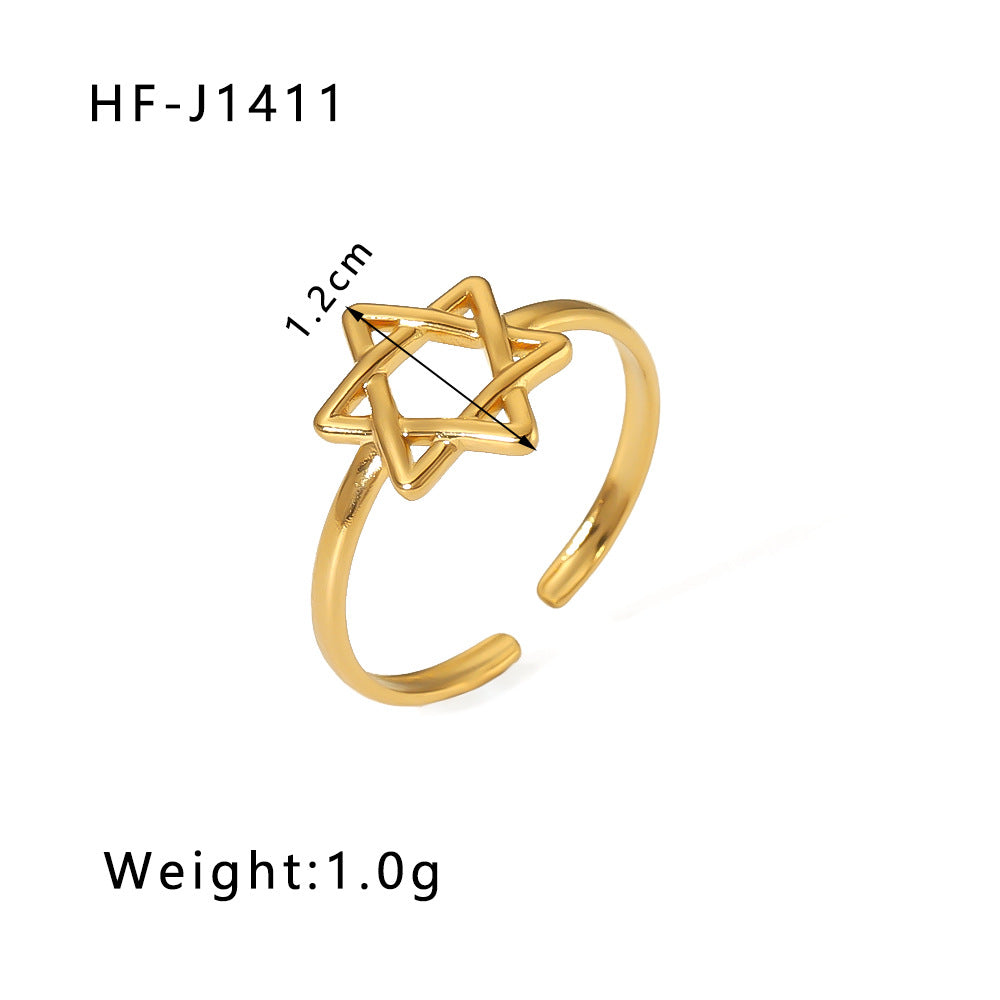 Minimalist Instagram Style Geometric Hollow Leaf and Floral Titanium Steel Ring with 18K Gold Plating for Women
