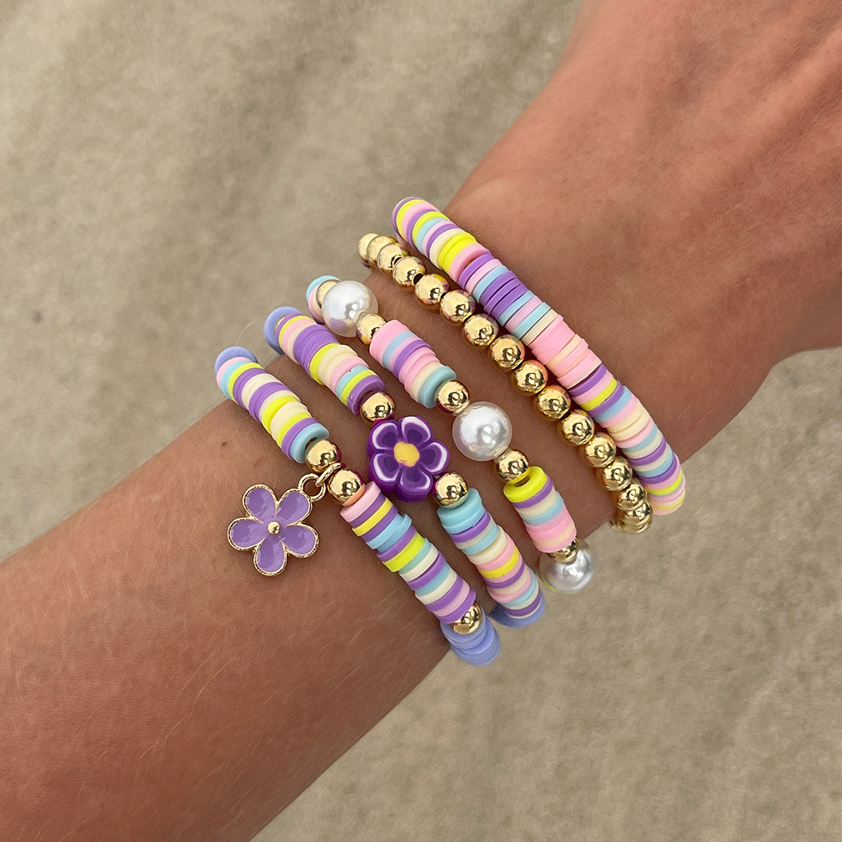 Sweet Floral Letter Resin Plated Bracelet Set for Women