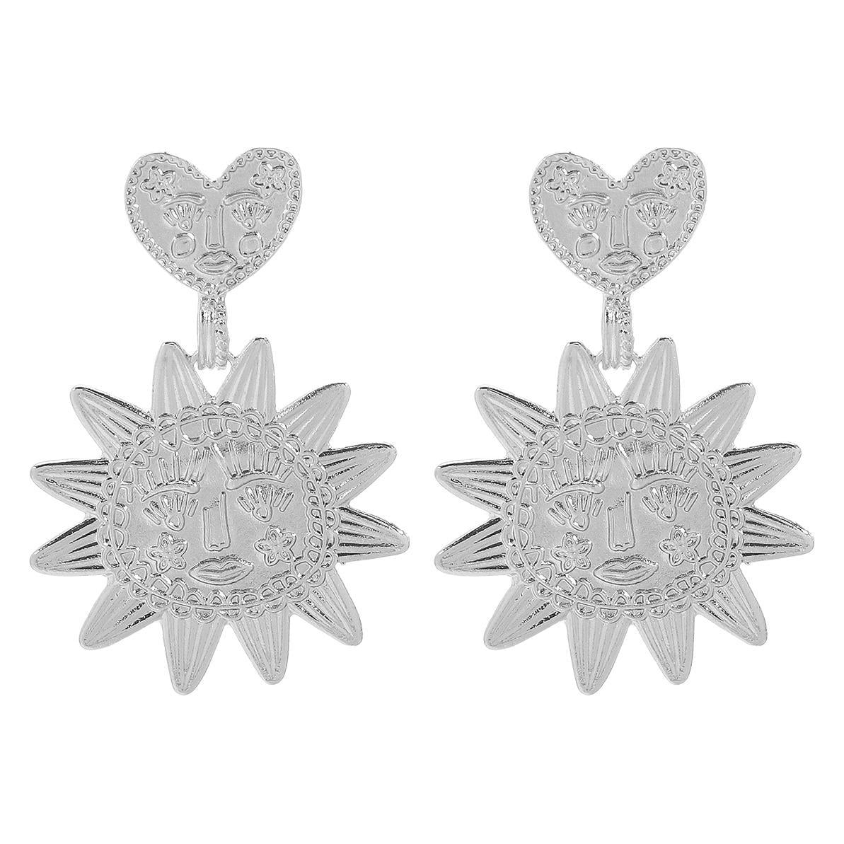 Orecchini da donna minimalisti in lega di zinco a forma di sole e cuore con finitura placcata