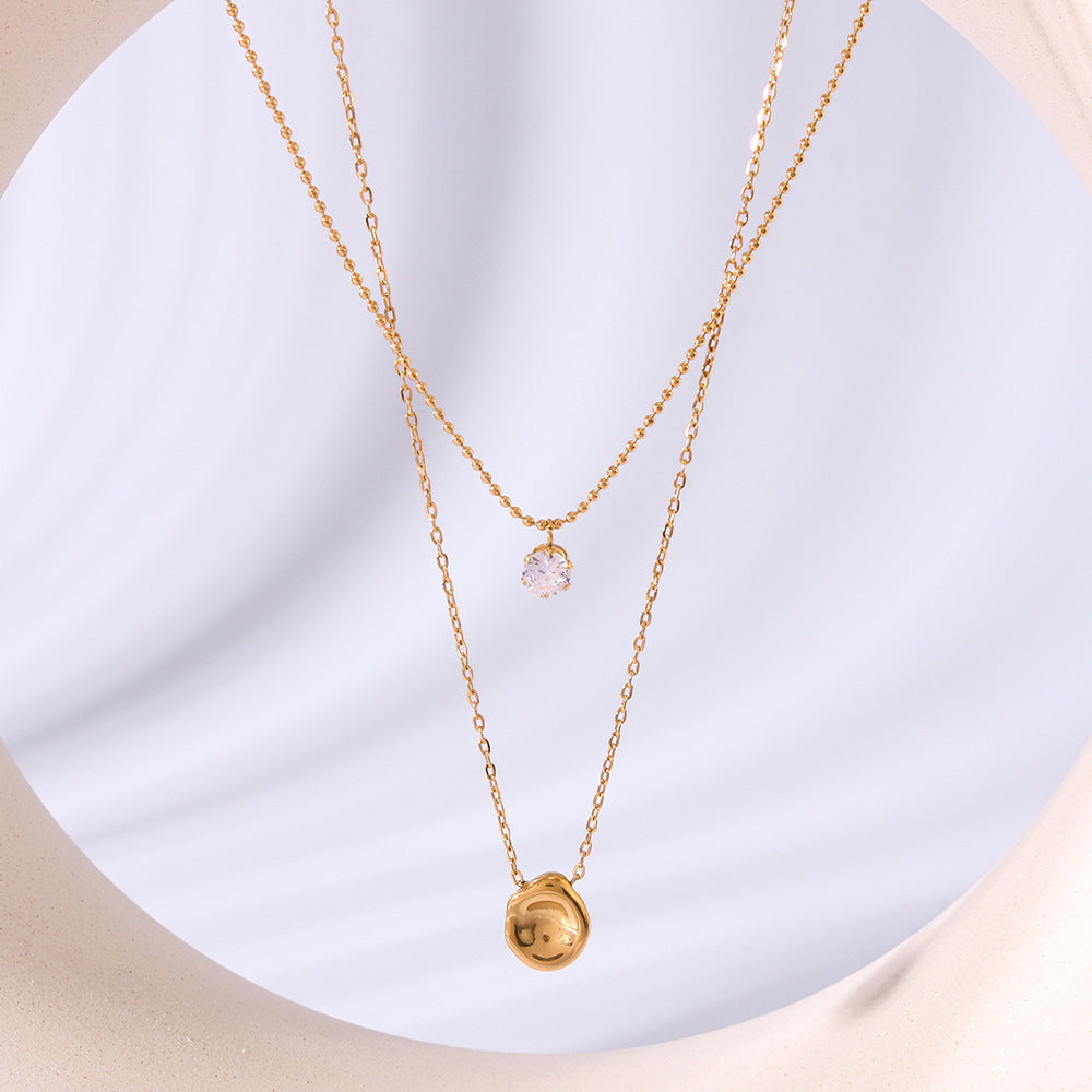 Minimalist Stainless Steel Double Layer Necklace with Titanium Steel Meteorite Crater Pendant and Rhinestone Accents on O-Chain
