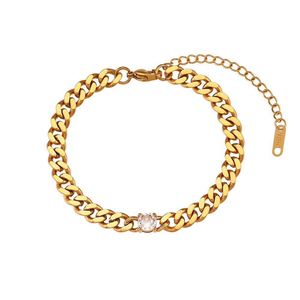 Fashion Geometric 18K Gold Plated Stainless Steel Cuban Chain Necklace with Round Zircon for Women