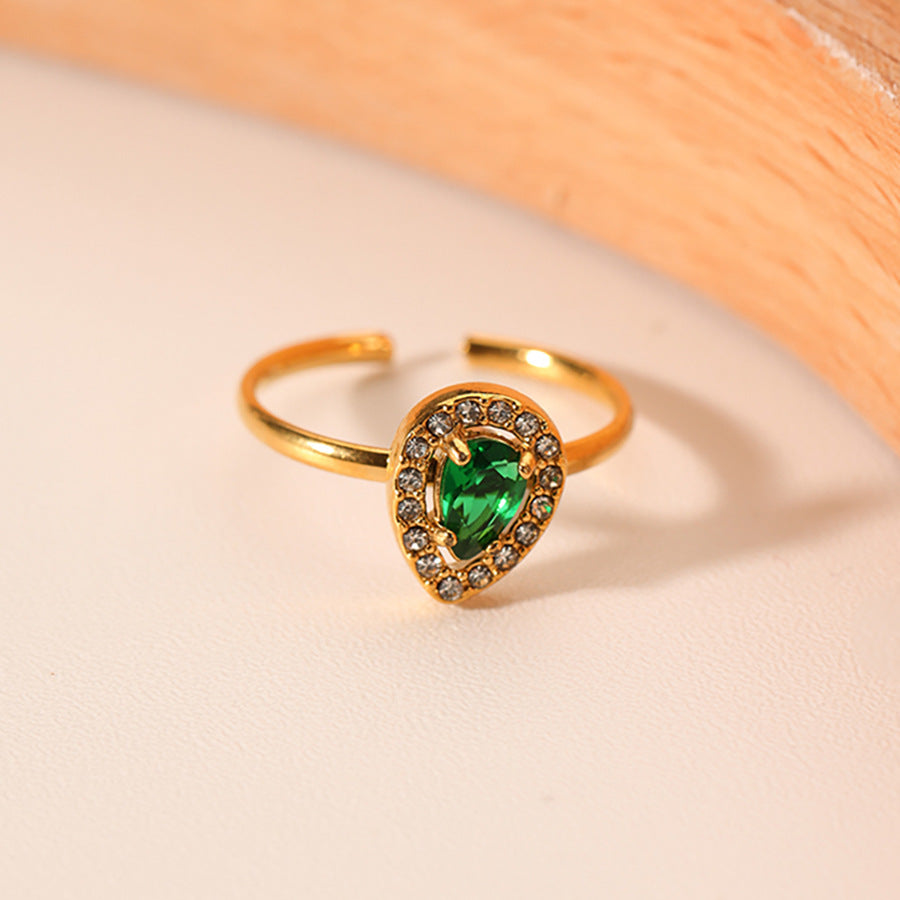 Ins Style Teardrop Shaped Stainless Steel Ring with Green Zircon Inlay and 18K Vacuum Plated Gold Finish