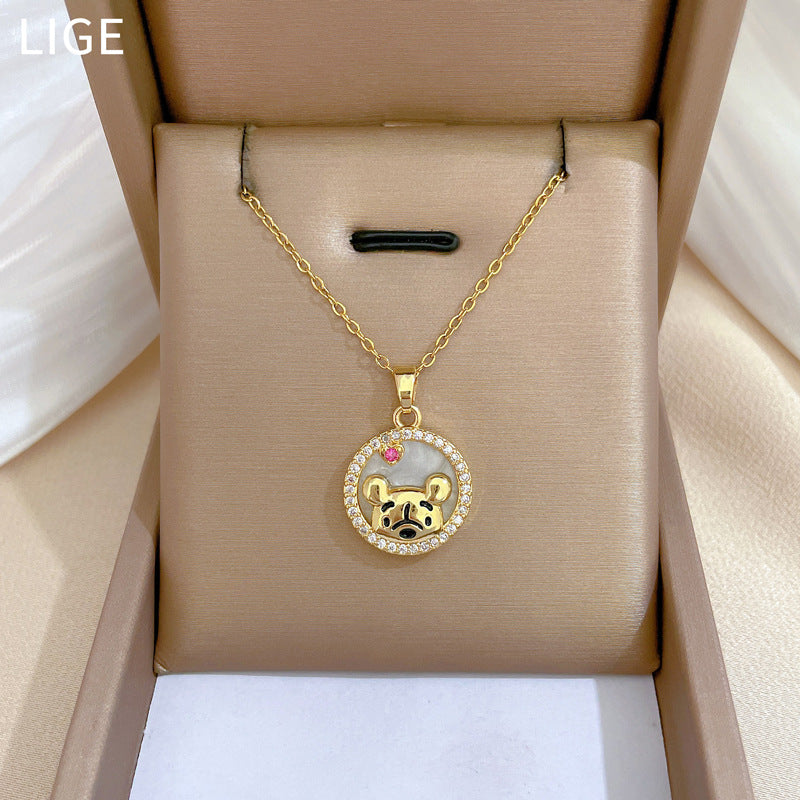 Luxury Rhinestone-Encrusted Bear Pendant Necklace in Titanium Steel with Enamel Finish Geometric Design for Women and Men