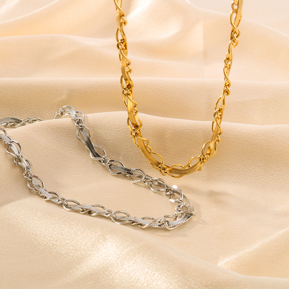 INS Style Geometric Flat Snake Chain Necklace and Bracelet Set in Stainless Steel with 18K Gold Plating for Women
